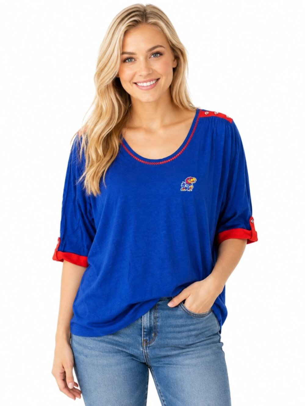 Kansas Jayhawks Womens Top Size Small Blue Relaxed Fit Shirt Roll Tab Sleeves